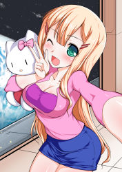 Rule 34 | 00s, 1girl, ;d, aokihoshi, aqua eyes, blonde hair, blush, bow, breasts, cleavage, collarbone, female focus, fingernails, gundam, gundam 00, hair ornament, hairclip, hello kitty, highres, hugging object, large breasts, long hair, louise halevy, miniskirt, one eye closed, open mouth, outstretched arm, pencil skirt, reaching, reaching towards viewer, sanrio, selfie, shirt, skirt, smile, solo, space, stuffed animal, stuffed toy, very long hair, w, window, | |