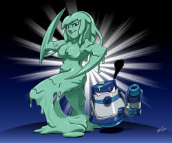 Rule 34 | 1girl, 1other, arm cannon, blade arm, blue eyes, borrowed character, breasts, cleanor (kingmonster), colored skin, completely nude, dripping, dynamic pose, green hair, green hairband, green skin, groin, gun, hairband, liquid hair, liquid weapon, medium breasts, melting, monster girl, no hands, no nipples, nude, on one knee, original, robot, shapeshifter, shapeshifting, signature, slime (substance), slime girl, smoke, supacrikeydave, synthea (kingmonster), weapon