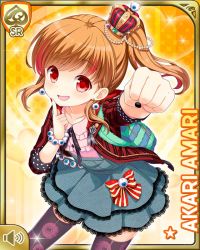 Rule 34 | 1girl, amari akari, beads, bow, brown hair, card (medium), character name, clenched hand, collarbone, eyeball, frilled gloves, frilled skirt, frills, garter straps, girlfriend (kari), gloves, hair beads, hair bow, hair ornament, jacket, lace, looking at viewer, multicolored hair, nail polish, official art, open clothes, open jacket, open mouth, ponytail, qp:flapper, red eyes, red jacket, shirt, short hair, side ponytail, sidelocks, skirt, sleeves rolled up, smile, solo, standing, streaked hair, striped clothes, striped jacket, striped thighhighs, tagme, thighhighs, yellow background