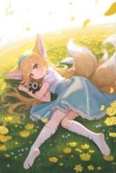Rule 34 | 1girl, absurdres, animal ears, arknights, black cat, blonde hair, blue hairband, blue skirt, blush, cat, chinese commentary, closed mouth, commentary request, cross-laced clothes, cross-laced skirt, cross-laced slit, fox ears, fox girl, fox tail, frilled hairband, frilled skirt, frills, green eyes, hairband, highres, kitsune, kneehighs, kyuubi, looking at viewer, luo xiaohei, luo xiaohei (cat), luo xiaohei zhanji, multiple tails, no shoes, official alternate costume, on grass, outdoors, puffy short sleeves, puffy sleeves, qingye tuanzi, shirt, short sleeves, skirt, smile, socks, soles, suzuran (arknights), suzuran (spring praise) (arknights), tail, white shirt, white socks