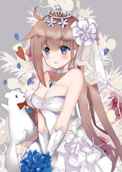 Rule 34 | 1girl, animal, bare shoulders, basket, blue eyes, blue flower, blush, bouquet, bow, bowtie, breasts, choker, cleavage, commentary request, dress, elbow gloves, fal (girls&#039; frontline), ferret, flower, girls&#039; frontline, gloves, hair between eyes, hair flower, hair ornament, highres, holding, holding basket, holding bouquet, jewelry, light brown hair, long hair, lunacats, medium breasts, parted lips, pendant, petals, red bow, red bowtie, see-through, side ponytail, sidelocks, solo, strapless, strapless dress, tiara, veil, very long hair, white choker, white dress, white flower, white gloves