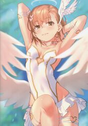 Rule 34 | 1girl, absurdres, angel, angel wings, armpits, arms behind head, arms up, bare shoulders, blurry, blush, breasts, brown eyes, brown hair, choker, cleavage, collarbone, covered navel, feathered wings, hair ornament, halo, head wings, heart, heart choker, heart hair ornament, heart o-ring, highres, knee up, leotard, light particles, looking at viewer, miniskirt, misaka mikoto, non-web source, parted lips, raika9, scan, short hair, skirt, small breasts, smile, solo, strapless, strapless leotard, thigh strap, toaru kagaku no railgun, toaru majutsu no index, white choker, white leotard, white skirt, white wings, wings