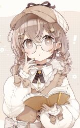 Rule 34 | !, 1girl, black-framed eyewear, book, braid, brown eyes, brown hair, brown headwear, brown nails, brown vest, chon (chon33v), collared shirt, commentary request, dress shirt, glasses, hair between eyes, hair ornament, hairclip, highres, holding, holding book, long hair, long sleeves, looking at viewer, low twintails, multicolored nails, nail polish, open book, original, parted lips, polka dot, polka dot background, puffy long sleeves, puffy sleeves, round eyewear, shirt, solo, twin braids, twintails, upper body, vest, white shirt, yellow nails