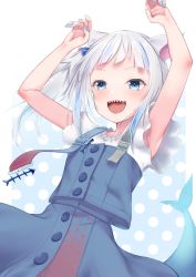 Rule 34 | 1girl, :d, absurdres, animal ears, arms up, blue dress, blue eyes, blue hair, cat ears, commentary request, dress, fins, fish tail, gawr gura, gawr gura (casual), hair ornament, highres, hololive, hololive english, ichi-go, multicolored hair, official alternate costume, open mouth, shark tail, sharp teeth, side ponytail, smile, solo, tail, teeth, two-tone hair, upper teeth only, virtual youtuber, white hair