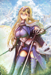 Rule 34 | 1girl, armor, awa (rosemarygarden), bird, blonde hair, blue dress, blue eyes, blue thighhighs, breasts, cloud, commentary request, dress, fate/grand order, fate (series), headpiece, highres, jeanne d&#039;arc (fate), jeanne d&#039;arc (ruler) (fate), large breasts, long hair, looking at viewer, polearm, short dress, sky, smile, solo, standing, sword, thighhighs, very long hair, waist cape, weapon
