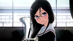 Rule 34 | 10s, 1girl, animated, animated gif, black hair, blue eyes, glasses, hibike! euphonium, lowres, school uniform, solo, tanaka asuka