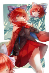 Rule 34 | 1girl, black shirt, blue bow, bow, cape, closed mouth, commentary, disembodied head, hair bow, highres, kutsuki kai, long sleeves, looking at viewer, pleated skirt, red cape, red eyes, red hair, red skirt, sekibanki, shirt, short hair, skirt, solo, touhou