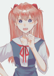 Rule 34 | 1girl, :o, absurdres, artist request, blue eyes, breasts, brown hair, hand on own hip, highres, index finger raised, long hair, looking at another, neon genesis evangelion, open mouth, school uniform, simple background, skirt, solo, souryuu asuka langley, standing, suspender skirt, suspenders, tokyo-3 middle school uniform, tsundere, very long hair, white background