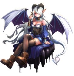 Rule 34 | 1girl, boots, breasts, cleavage, crossed legs, demon girl, demon tail, demon wings, full body, hair over one eye, highres, horns, ilassa (elh), lilim (monster girl encyclopedia), long hair, maritan (pixelmaritan), medium breasts, monster girl, monster girl encyclopedia, original, pointy ears, red eyes, solo, tail, thighhighs, transparent background, white hair, wings