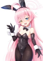 Rule 34 | 1girl, ahoge, animal ears, arm up, bare shoulders, black bow, black bowtie, black gloves, black leotard, black pantyhose, blue archive, blue eyes, blush, bow, bowtie, breasts, commentary request, detached collar, elbow gloves, fake animal ears, fang, flying sweatdrops, gloves, hair between eyes, halo, heterochromia, highres, hoshino (blue archive), leotard, long hair, looking at viewer, open mouth, pantyhose, pink hair, playboy bunny, rabbit ears, sidelocks, simple background, small breasts, solo, very long hair, white background, wrist cuffs, yellow eyes, yuki kawachi