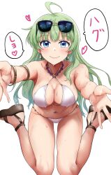Rule 34 | 1girl, ahoge, bare shoulders, bikini, blue eyes, blunt bangs, blush, bracelet, breasts, cleavage, closed mouth, collarbone, criss-cross halter, earrings, eyewear on head, foreshortening, green hair, halterneck, heart, highres, idolmaster, idolmaster million live!, jewelry, long hair, looking at viewer, medium breasts, navel, necklace, o-ring, o-ring bikini, o-ring top, reaching, reaching towards viewer, run p (aveton), sandals, shimabara elena, simple background, sitting, smile, solo, speech bubble, straight-on, sunglasses, swimsuit, thighs, wariza, wet, white background, white bikini, white swimsuit