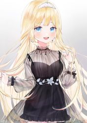 Rule 34 | 1girl, :d, absurdres, alternate hair length, alternate hairstyle, black dress, blonde hair, blue eyes, bracelet, breasts, commentary, dress, earrings, floral print, highres, hololive, hololive english, jewelry, large breasts, long hair, looking at viewer, open mouth, see-through, see-through sleeves, simio rou, smile, symbol-only commentary, thigh strap, tiara, very long hair, virtual youtuber, watson amelia, watson amelia (3rd costume)