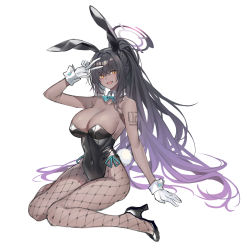 Rule 34 | 1girl, animal ears, bare shoulders, black hair, black leotard, blue archive, bow, bowtie, breasts, crossed bangs, curvy, dark-skinned female, dark skin, echj, fake animal ears, fishnet pantyhose, fishnets, gloves, green eyes, hair between eyes, halo, hand up, highleg, highleg leotard, highres, karin (blue archive), karin (bunny) (blue archive), leotard, long hair, looking at viewer, medium breasts, messy hair, multicolored hair, official alternate costume, open mouth, pantyhose, playboy bunny, ponytail, rabbit ears, sidelocks, sitting, sleeveless, smile, solo, traditional bowtie, two-tone hair, v, wariza, white background, white gloves, wide hips, wrist cuffs