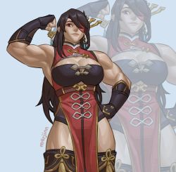 Rule 34 | 1girl, absurdres, arm up, beidou (genshin impact), breasts, cleavage, cleavage cutout, closed mouth, clothing cutout, eyepatch, fingerless gloves, genshin impact, gloves, hair ornament, hand on own hip, highres, large breasts, long hair, m4rjinn, muscular, muscular female, red eyes, simple background