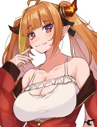Rule 34 | 1girl, :3, absurdres, ahoge, bare shoulders, black ribbon, blonde hair, blunt bangs, blush, breasts, bright pupils, camisole, cleavage, collarbone, dragon girl, dragon horns, fang, fang out, frilled camisole, frills, hair ribbon, hand up, highres, hololive, horns, jacket, kiryu coco, kiryu coco (loungewear), large breasts, long hair, long sleeves, looking at viewer, multicolored eyes, multicolored hair, off shoulder, official alternate costume, open clothes, open jacket, orange hair, partially unzipped, pointy ears, purple eyes, red eyes, red jacket, ribbon, see-through, sidelocks, simple background, smile, solo, spaghetti strap, streaked hair, track jacket, tsuruya (l re10 l), twintails, upper body, virtual youtuber, white background, white camisole, white pupils, zipper pull tab
