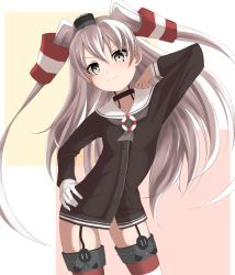 Rule 34 | 10s, 1girl, amatsukaze (kancolle), arm up, choker, collarbone, contrapposto, cowboy shot, dress, garter straps, gloves, hair tubes, hand in own hair, highres, kantai collection, long hair, long sleeves, looking at viewer, sailor collar, sailor dress, short dress, simple background, solo, standing, thighhighs, twintails, two side up, utsushige, very long hair, white hair, yellow eyes, zettai ryouiki