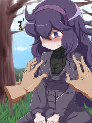 Rule 34 | 1girl, @ @, ahoge, blue sky, blush, breasts, cloud, creatures (company), day, disembodied limb, dress, female focus, fence, game freak, grass, groping, hairband, hex maniac (pokemon), highres, jaggy lines, long hair, long sleeves, looking down, matching hair/eyes, medium breasts, nervous, nintendo, npc trainer, outdoors, own hands together, pokemon, pokemon xy, purple dress, purple eyes, purple hair, purple hairband, sitting, sky, solo, sweat, tamanegi009, tree, turtleneck, turtleneck dress, wavy mouth