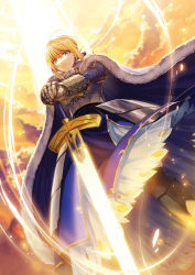Rule 34 | 1girl, ahoge, armor, artoria pendragon (all), artoria pendragon (fate), backlighting, blonde hair, cape, day, excalibur (fate/stay night), fate/stay night, fate (series), from below, game cg, glowing, glowing sword, glowing weapon, green eyes, looking down, own hands together, saber (fate), shokill, solo, standing, sword, weapon