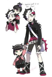 Rule 34 | 1boy, 1girl, aged down, bag, black footwear, black hair, boots, bow, brother and sister, carrying, creatures (company), english text, game freak, gen 1 pokemon, green eyes, gym leader, hair bow, hair ornament, hair over one eye, hairband, hairclip, holding hands, jacket, kabo (friedpotat), leather, leather jacket, marnie (pokemon), messenger bag, multicolored hair, nail polish, nintendo, piers (pokemon), pokemon, pokemon (creature), pokemon swsh, shirt, short hair, shorts, shoulder bag, shoulder carry, siblings, slouching, t-shirt, toddler, two-tone hair, venonat