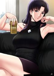 Rule 34 | 1girl, armpits, beer can, black shirt, blouse, breasts, brown eyes, can, cross, cross necklace, drink can, earrings, facing viewer, highres, jewelry, katsuragi misato, lipstick, looking at viewer, makeup, nail polish, necklace, neon genesis evangelion, purple hair, shirt, sitting, skirt, solo, xter, yebisu