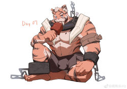 Rule 34 | 1boy, absurdres, animal ears, ankle cuffs, bara, eating, food, full body, furry, furry male, highres, jitome, large pectorals, long fangs, male focus, meat, muscular, muscular male, navel, notched ear, orange fur, original, pectorals, scar, scar across eye, short hair, shorts, side slit, solo, stomach, strongman waist, thick eyebrows, tiger boy, tiger ears, white fur, xian goutou hz