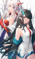 Rule 34 | 2girls, arknights, bandeau, bare shoulders, bead bracelet, beads, black hair, bracelet, breasts, commentary request, cowboy shot, coyucom, dress, dusk (arknights), highres, horns, jewelry, long hair, looking at viewer, medium breasts, multicolored hair, multiple girls, nian (arknights), off shoulder, partial commentary, pencil dress, pointy ears, purple eyes, red eyes, red neckwear, short shorts, shorts, siblings, silver hair, sisters, sleeveless, sleeveless dress, smile, standing, strapless, streaked hair, tube top, very long hair, white dress, white shorts