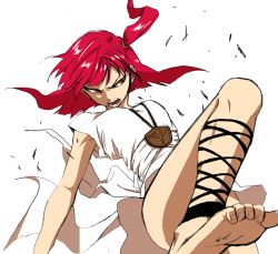 Rule 34 | 1girl, angry, ankle lace-up, barefoot, cross-laced footwear, dress, feet, fighting stance, kicking, magi the labyrinth of magic, morgiana, no panties, open mouth, red eyes, red hair, soles, solo, toe scrunch, toes