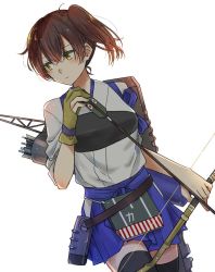 Rule 34 | 1girl, apron, arrow (projectile), black thighhighs, blue skirt, bou (wataame), bow (weapon), brown gloves, brown hair, cowboy shot, dutch angle, gloves, hakama, hakama short skirt, hakama skirt, holding, holding arrow, holding bow (weapon), holding weapon, japanese clothes, kaga (kancolle), kantai collection, long hair, looking to the side, muneate, quiver, shield, side ponytail, simple background, single glove, skirt, solo, tasuki, thighhighs, weapon, white background, yellow eyes, yumi (bow)