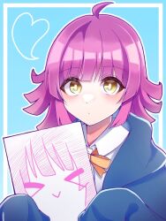 Rule 34 | &gt; &lt;, 1girl, :&gt;, ahoge, blue background, blue jacket, blunt bangs, blunt ends, blush, bow, bowtie, commentary request, dot mouth, dot nose, drawing, expressionless, hands up, heart, holding, holding paper, hood, hooded jacket, jacket, long sleeves, looking at viewer, love live!, love live! nijigasaki high school idol club, paper, pink hair, rina-chan board, shirt, short hair, sleeves past wrists, solo, tennoji rina, upper body, watagasi0147, white shirt, yellow bow, yellow bowtie, yellow eyes