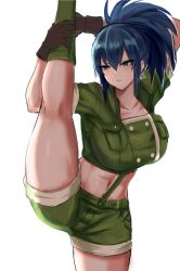 Rule 34 | 1girl, artist request, black gloves, blue eyes, blue hair, boots, combat boots, flexible, gloves, green jacket, green shorts, hand in own hair, highres, jacket, kneepits, leona heidern, midriff, military, military uniform, navel, non-web source, ponytail, sakura mafumi, short sleeves, shorts, simple background, snk, solo, split, standing, standing on one leg, standing split, the king of fighters, the king of fighters xv, uniform, white background