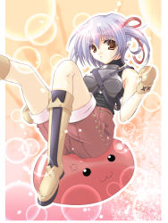 Rule 34 | 1girl, :3, blue hair, boots, breasts, brown eyes, brown footwear, creature, full body, knee boots, large breasts, light purple hair, looking at viewer, mittens, novice (ragnarok online), poring, ragnarok online, short hair, sitting, solo, yellow mittens