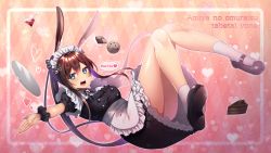 Rule 34 | 1girl, absurdres, aburai yui, alternate costume, amiya (arknights), animal ears, apron, arknights, black dress, black footwear, blue eyes, breasts, cake, cake slice, chocolate cake, commentary, cookie, dress, english text, enmaided, food, full body, hair between eyes, heart, highres, knees together feet apart, long hair, looking at viewer, maid, maid apron, maid headdress, mary janes, medium breasts, open mouth, outstretched arms, patterned background, pink background, ponytail, puffy short sleeves, puffy sleeves, rabbit ears, romaji text, shoes, short sleeves, simple background, smile, socks, solo, speech bubble, thighs, translated, tray, white socks, wrist cuffs