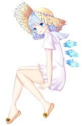 Rule 34 | 1girl, alternate costume, alternate headwear, bad id, bad pixiv id, bare legs, blue eyes, blue hair, blue sailor collar, blush, cirno, commentary request, dress, from side, full body, hat, head tilt, looking at viewer, nibosi, parted lips, sailor collar, sandals, short dress, short hair, short sleeves, simple background, sitting, solo, straw hat, touhou, white background, white dress, wings