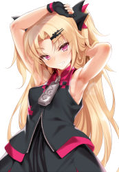 Rule 34 | 1girl, akatsuki uni, arm above head, armpits, black bow, black gloves, blonde hair, blush, blush stickers, bow, breasts, cle masahiro, clenched teeth, commentary, covered erect nipples, fingerless gloves, gloves, hair bow, hair ornament, hairpin, highres, long hair, looking at viewer, medium breasts, pink eyes, red bow, smell, smelling, solo, teeth, uni create, virtual youtuber, white background, zipper, zipper pull tab