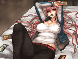 Rule 34 | 10s, 1girl, antenna hair, bed, belt, between fingers, black pants, breasts, brown eyes, cigarette, cleavage, collarbone, danganronpa (series), danganronpa another episode: ultra despair girls, female focus, groin, hagakure hiroko, holding, jacket, jewelry, large breasts, lips, long hair, long sleeves, lying, mature female, necklace, on back, on bed, open clothes, open jacket, open mouth, pants, pink hair, ringed eyes, shirt, siroringo, solo, taut clothes, taut shirt, track jacket, white shirt