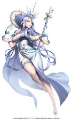 Rule 34 | 1girl, alternate costume, blue eyes, breasts, chaos online, company name, copyright name, full body, gloves, herjuna, highres, jewelry, long hair, love cacao, necklace, official art, purple hair, shoes, silver hair, simple background, snowflakes, solo, staff, very long hair, white background