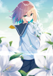 Rule 34 | 1girl, blue sailor collar, blue skirt, blue sky, blurry, blurry foreground, blush, closed mouth, cloud, cloudy sky, commentary request, day, depth of field, flower, green eyes, hair between eyes, highres, holding, holding flower, kavka, light brown hair, long hair, long sleeves, looking at viewer, looking back, original, outdoors, pleated skirt, sailor collar, school uniform, serafuku, shirt, skirt, sky, smile, solo, white flower, white shirt
