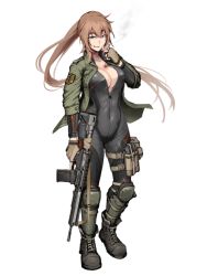 Rule 34 | 1girl, ar-15, assault rifle, black bodysuit, blue eyes, bodysuit, boots, breasts, brown gloves, brown hair, cigarette, cleavage, dairoku ryouhei, fingerless gloves, full body, gloves, green jacket, grey footwear, grin, gun, hetza (hellshock), holding, holding cigarette, holding weapon, jacket, knee pads, large breasts, long hair, looking at viewer, magazine (weapon), open clothes, open jacket, ponytail, rifle, scar, scar on chest, smile, smoking, solo, standing, thigh strap, transparent background, very long hair, weapon, zipper