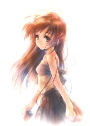 Rule 34 | 1girl, absurdres, backlighting, bandeau, blush, brown eyes, brown hair, clothes lift, cowboy shot, from side, goto p, hair ornament, hairclip, highres, holding, holding shoes, long hair, midriff, narcissu, parted lips, pleated skirt, sakura setsumi, setsumi sakura, shoes, unworn shoes, simple background, skirt, skirt lift, solo, white background