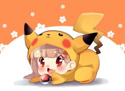 Rule 34 | 1girl, afterimage, all fours, alternate costume, blonde hair, blunt bangs, blush, chibi, cosplay, creatures (company), fang, full body, game freak, gen 1 pokemon, hair ornament, hairclip, kantai collection, motion blur, nintendo, pikachu, pikachu (cosplay), playing, poke ball, pokemon, red eyes, solo, two-tone background, yuudachi (kancolle)