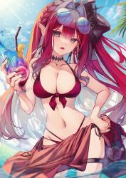 Rule 34 | 1girl, absurdres, bare shoulders, bikini, blush, breasts, cleavage, collarbone, earrings, baobhan sith (fate), fate/grand order, fate (series), grey eyes, highres, jewelry, large breasts, long hair, looking at viewer, navel, open mouth, pink hair, pointy ears, red bikini, sidelocks, solo, spica/kanade, swimsuit, thighs