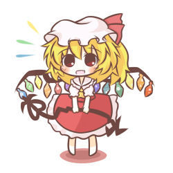 Rule 34 | 1girl, ascot, bad id, bad pixiv id, blonde hair, blush, chibi, dress, fang, female focus, flandre scarlet, full body, hat, laevatein, ponytail, red eyes, ribbon, short hair, side ponytail, smile, solo, south114, ^^^, embodiment of scarlet devil, touhou, white background, wings