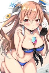 Rule 34 | 1girl, aina123, bad id, bad pixiv id, bikini, black gloves, blue bikini, breasts, brown eyes, cleavage, collarbone, commentary request, food, gloves, hair ornament, hair ribbon, ice cream, johnston (kancolle), kantai collection, kneeling, light brown hair, long hair, looking at viewer, medium breasts, navel, ribbon, simple background, single glove, solo, spoken blush, star (symbol), swimsuit, two side up, white background