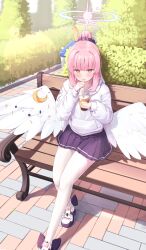 Rule 34 | 1girl, absurdres, alternate costume, alternate hairstyle, bench, blue archive, blunt bangs, blush, bow, brick floor, bubble tea, bush, commentary, crescent, crescent print, cup, daran9, disposable cup, feathered wings, foot out of frame, footwear bow, hair intakes, hair ornament, hair scrunchie, halo, high ponytail, highres, holding, holding cup, hood, hoodie, long sleeves, looking at viewer, low wings, mika (blue archive), miniskirt, on bench, outdoors, pantyhose, park, park bench, pink hair, pink halo, pleated skirt, ponytail, puffy long sleeves, puffy sleeves, purple bow, purple scrunchie, purple skirt, scrunchie, sitting, skirt, solo, white footwear, white hoodie, white pantyhose, white wings, wing ornament, wings, yellow eyes