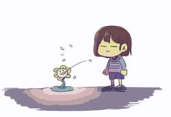 Rule 34 | androgynous, bad id, bad twitter id, brown hair, closed eyes, digh8520, flower, flowey (undertale), frisk (undertale), gender request, lowres, other focus, seed, shirt, shorts, simple background, striped clothes, striped shirt, undertale, white background