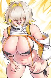 Rule 34 | 1girl, :d, ahoge, bikini, black bikini, blonde hair, breasts, cleavage, clothing cutout, crop top, cropped sweater, dracksart, elegg (nikke), from above, goddess of victory: nikke, hair intakes, hair over eyes, large breasts, long bangs, long sleeves, midriff, multicolored hair, navel, open mouth, purple eyes, short hair, shoulder cutout, skindentation, smile, solo, suspenders, sweat, swimsuit, thigh strap, thighs, two-tone hair