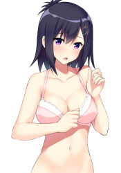 Rule 34 | 10s, 1girl, :o, bad id, bad pixiv id, bare arms, bare shoulders, black hair, blush, bra, breasts, cleavage, cocona (coconacafe), collarbone, embarrassed, gabriel dropout, hair ornament, hairclip, head tilt, looking at viewer, medium breasts, navel, open mouth, pink bra, purple eyes, raised eyebrows, short hair, simple background, solo, stomach, underwear, underwear only, upper body, vignette tsukinose april, white background, x hair ornament