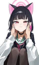 Rule 34 | 1girl, 1other, absurdres, animal ears, black choker, black hair, black jacket, black pantyhose, blue archive, blush, cat ears, choker, closed mouth, colored inner hair, extra ears, green sailor collar, hair ornament, hairclip, halo, highres, jacket, kazusa (blue archive), looking at viewer, multicolored hair, pantyhose, pink hair, pink halo, red eyes, riel (ataraxia2334), sailor collar, short hair, simple background, solo focus, white background