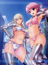 Rule 34 | 10s, 2girls, absurdres, arm up, armor, armored boots, armpits, bikini, bikini armor, bikini top only, blonde hair, blue eyes, boots, breasts, building, celia kumani entory, city, cleavage, cloud, cowboy shot, day, drill hair, female focus, from below, front-tie top, gauntlets, groin, hair ornament, hairband, hairclip, hand on own hip, happy, highres, hip focus, kisaki mio, komori kei, large breasts, legs, long hair, looking at viewer, medium breasts, multiple girls, navel, open mouth, outdoors, parted lips, pink hair, polka dot, polka dot bikini, short hair, shoulder armor, side-tie bikini bottom, sky, smile, standing, swimsuit, thighhighs, thighs, thong, underboob, walkure romanze