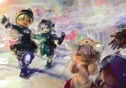 Rule 34 | &gt; &lt;, 1boy, 3girls, absurdres, blonde hair, blue eyes, blush, brown hair, fangs, furry, glasses, green eyes, helmet, highres, long hair, looking at another, made in abyss, meinya (made in abyss), multiple girls, nanachi (made in abyss), prushka, regu (made in abyss), riko (made in abyss), short hair, teeth, tsukushi akihito, twintails, white hair, yellow eyes
